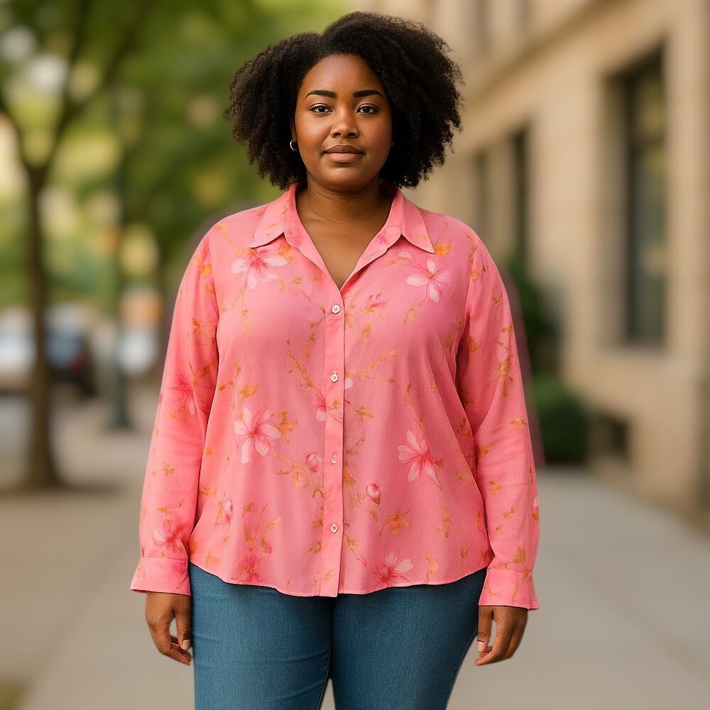 Mary McFadden Sheer Floral Salmon Colored Blouse Plus Size 18W